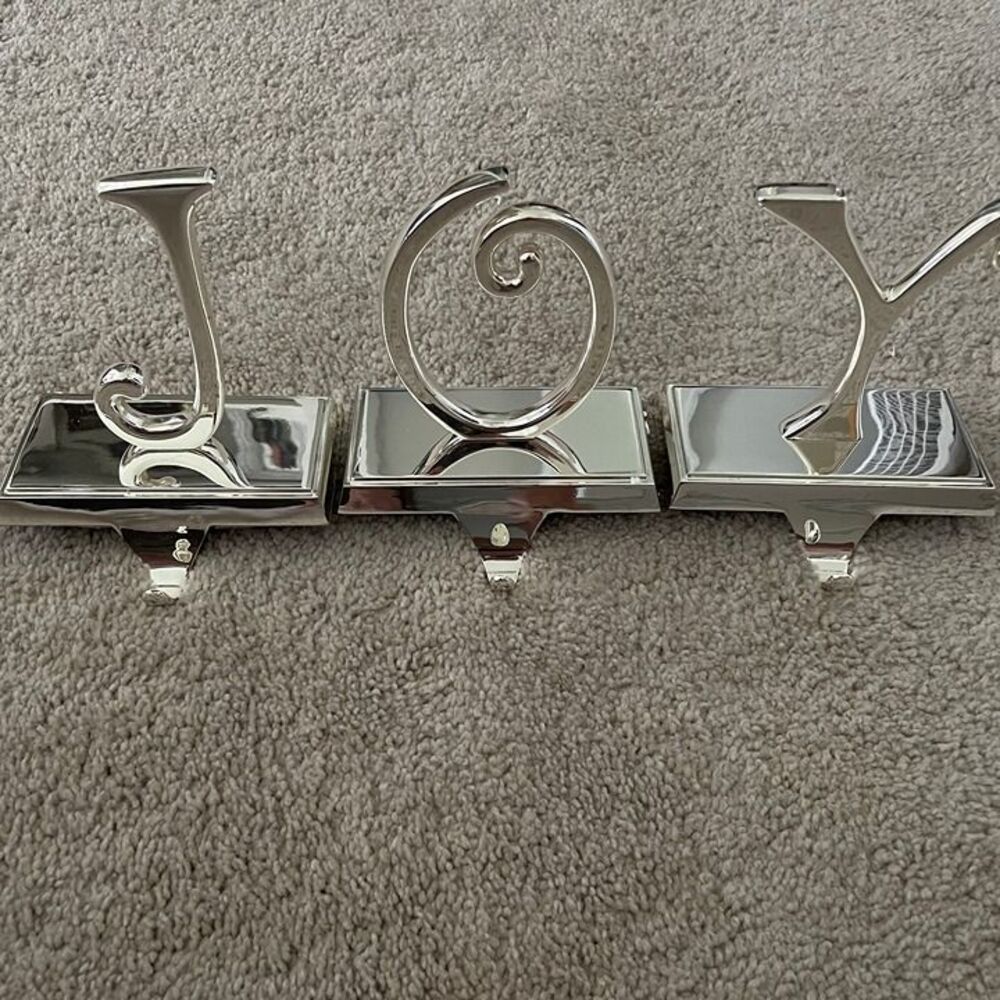 Pottery Barn JOY Silver Stocking Holder Set – 3 Piece Christmas Mantel Hooks